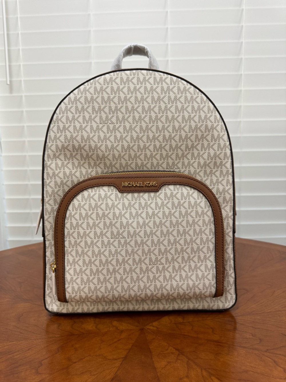 Michael Kors Cream Logo Backpack with Brown Trim